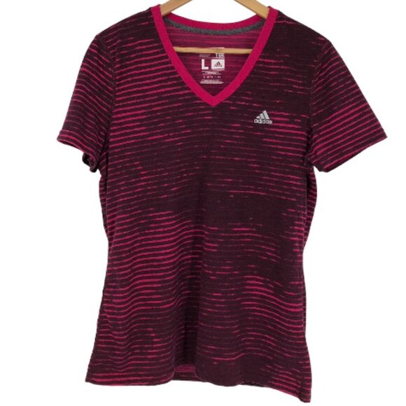 Adidas Burgundy & pink Striped Climalite Short Sleeve V-neck T  shirt size L - Picture 1 of 15